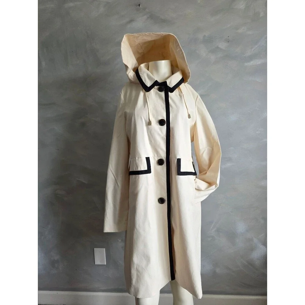 Kate Spade Single Breasted Pale Yellow & Navy Blue Hooded Trench Coat Sz L